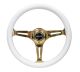 NRG Innovations Classic Wood Grain Steering Wheel (350mm) White Grip w/Chrome Gold 3-Spoke Centre